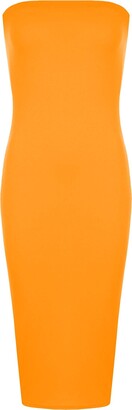 janisramone Womens Ladies New Plain Boob Tube Stretch Bandeau Strapless Summer Pencil Bodycon Midi Dress Neon Orange