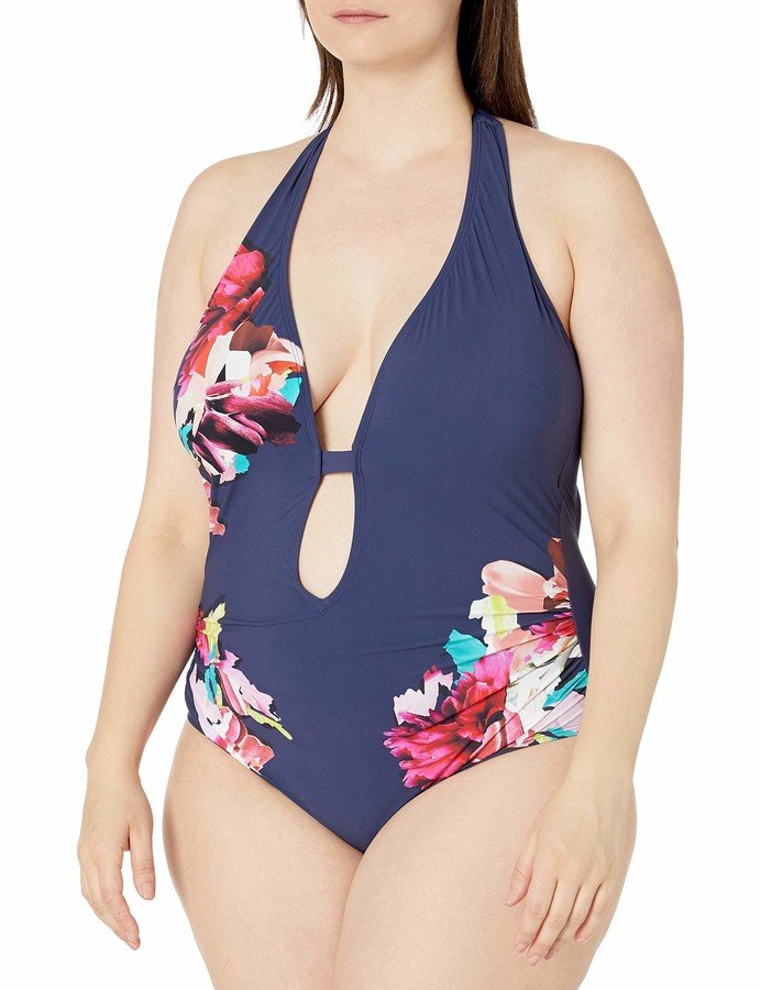 Kenneth Cole New York Womens Plunge Front One Piece Swimsuit
