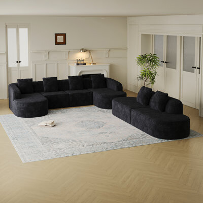 Orren Ellis 111.8-inch L-shaped Curved Modular Sofa with Lychee-Textured Fabric and Enhanced Comfort Backrest