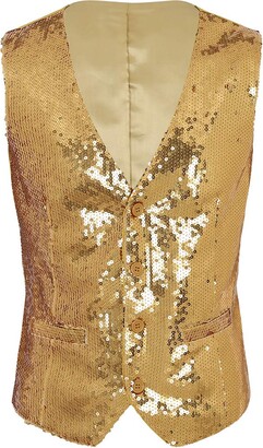 dPois Men's Sparkling Glitter Slim Fit Sequins V-Neck Vest Business Party Dress Suit Waistcoat Gold Large