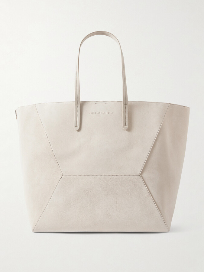 Brunello Cucinelli Bead-embellished Leather-trimmed Paneled Suede Tote - Off-white
