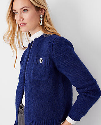 Ann Taylor Petite Jeweled Button Pocket Sweater Jacket - ShopStyle