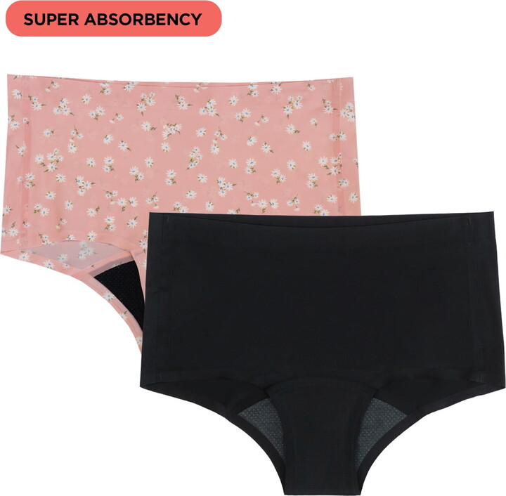 No Boundaries Boyshort Super Absorbency Period Underwear, 2-Pack, Women’s Sizes S-XXL