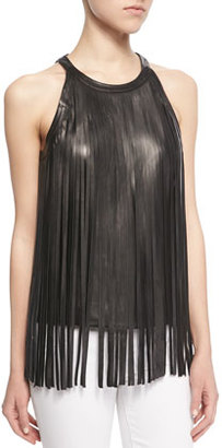 Neiman Marcus Cusp by Sleeveless Leather Fringe Top