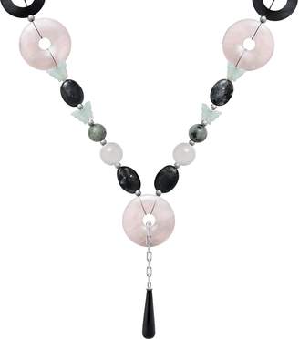 Sarah Kosta - Blue Spring Necklace With Black Plated Sterling Silver Disks Rose Quartz & Onyx