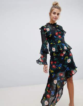 Miss Selfridge Floral Print Asymmetric Ruffle Detail Midi Dress