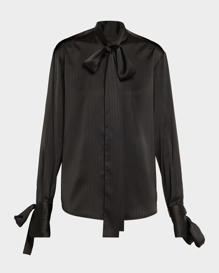 LaQuan Smith Bow-Neck Metallic Pinstripe Satin Blouse