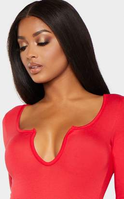 PrettyLittleThing Shape Red Jersey V Neck Long Sleeve Bodysuit