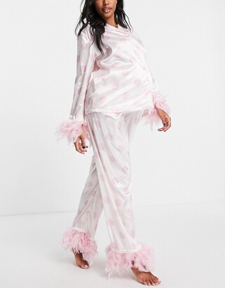 NIGHT Maternity satin pyjamas with detachable faux feather trim in cream and pink spot