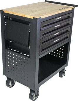 17 Stories Multifunctional 4-drawer Metal Tool Cart With Wooden Top And Heavy-duty Wheels For Garage And Workshop