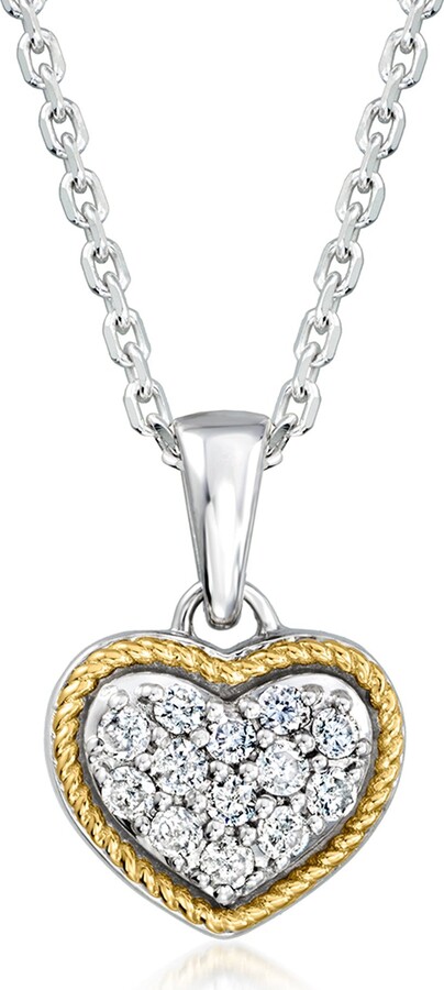 Ross-Simons Pave Diamond Heart Pendant Necklace in Sterling Silver and 14kt Yellow Gold