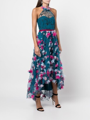 Marchesa Notte Floral-Appliqué Halterneck Gown