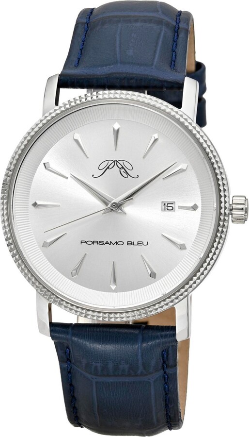 Porsamo Bleu Men's Veritas 2 Genuine Leather Band Watch 1362BVEL - Silver tone blue