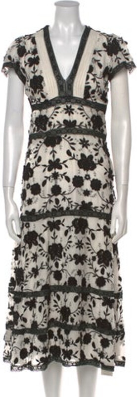 Joie A-Line Dress White Lace Pattern Lace, Embroidered & Cutout Accents Short Sleeve with V-Neck Concealed Zip Closure at Side Designer