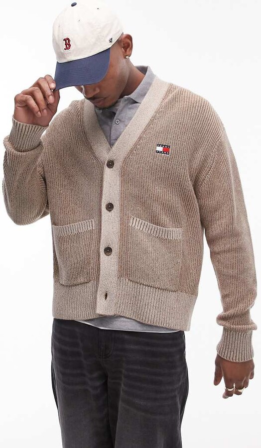 Tommy Jeans badge logo knit two tone cardigan in brown
