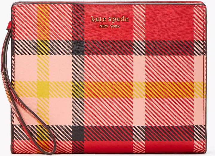 Women's large leather wallet with green plaid print