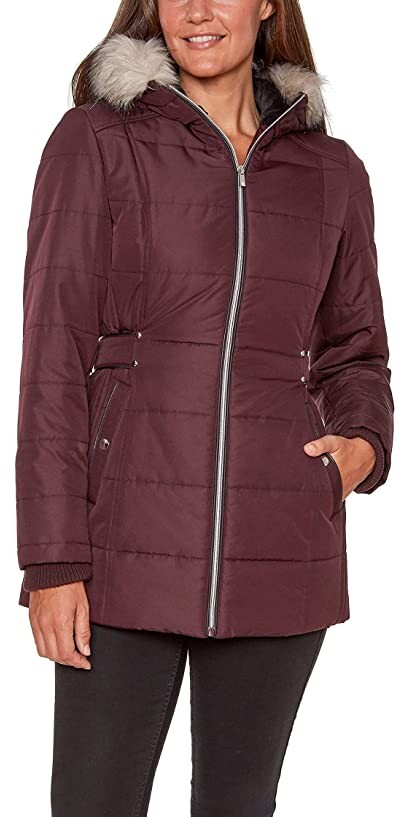 Details Womens Cinchable-Waist Coat with Cozy-Trimmed Hood 