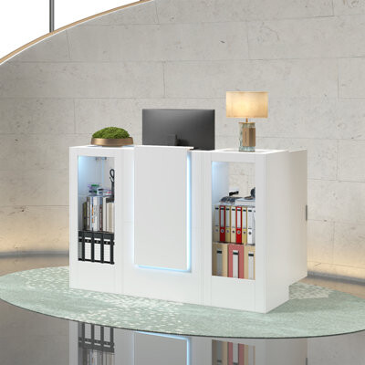 Inbox Zero Naoki Modern Reception Desk With LED Lighting And Ample Storage For Office Or Retail Spaces