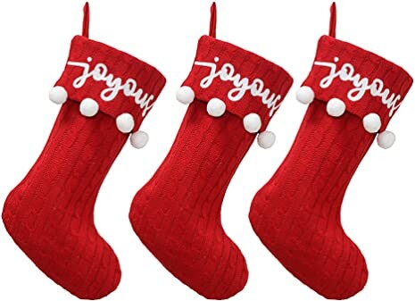 New Traditions Simplify Your Holiday 3-Pack Christmas Cable Knit Stockings with Pom Poms (Red/Joyous)