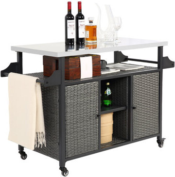 Latitude Run Large Outdoor Wicker Kitchen Island Cart With Stainless Steel Top Wheels And Ample Storage For Durable Use