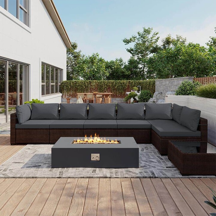 UPHA 8-Pieces Wicker Patio Furniture Set with Gas Propane Concrete Fire Pit Table with Coffee Table and Cushions, Dark Gray