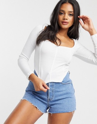 ASOS DESIGN rib fitted corset top with ultra wide neck in white - ShopStyle