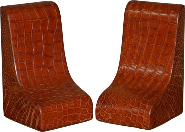 Asprey & Garrard Limited Pair Of Antique Victorian Asprey London Crocodile Alligator Leather Bookends