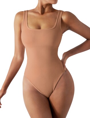Solid Ribbed Shaping Bodysuit, Tummy Control Slimming Sleeveless