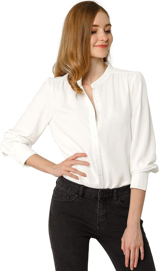 Allegra K Women's Work Office Stand Collar Button Down Long Sleeve Shirts Blouse  White 12 - ShopStyle Tops