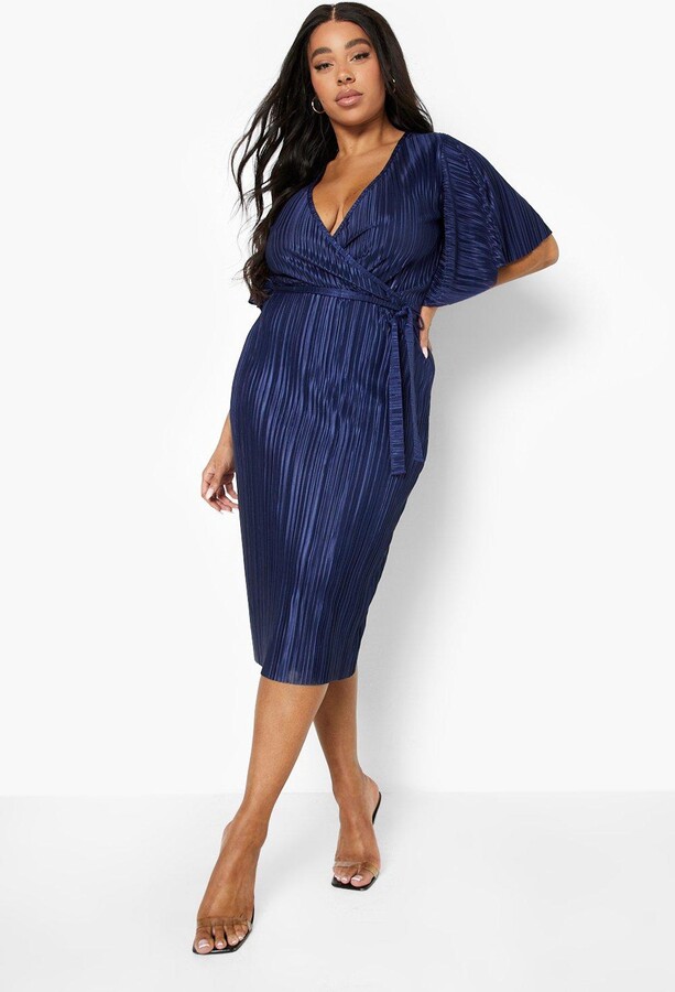 navy plisse wrap front mini dress