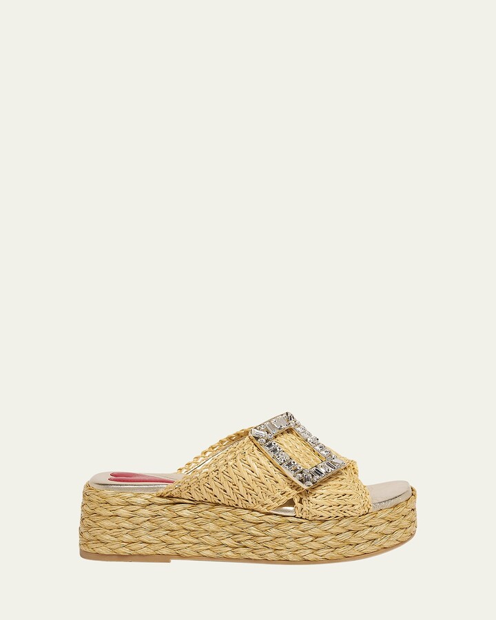 Roger Vivier Strass-Buckle Raffia Platform Sandals