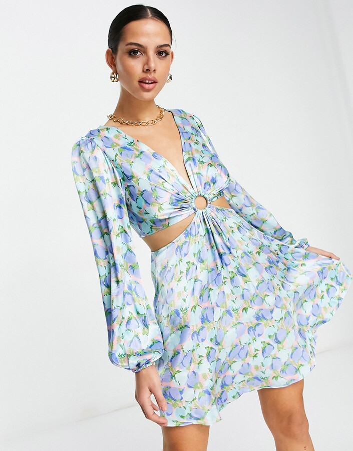 Topshop ring detail cut-out satin balloon sleeve floral mini dress in blue  - ShopStyle