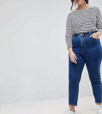 ASOS Curve Design Curve Farleigh High Waist Slim Mom Jeans In Deep Flat Blue Wash