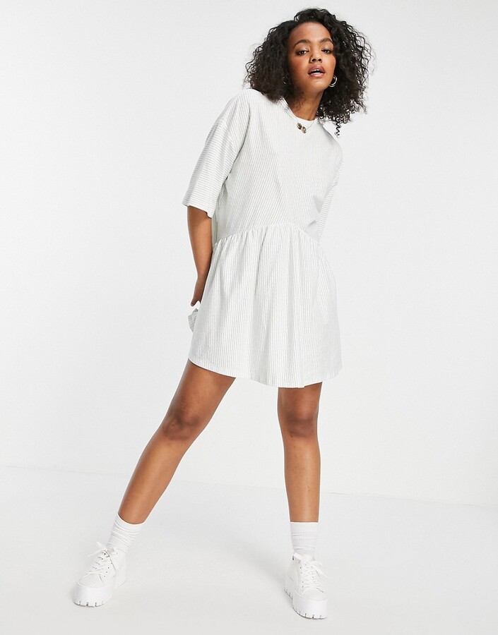 ASOS DESIGN oversized mini smock dress with dropped waist in sage and white  stripe - ShopStyle