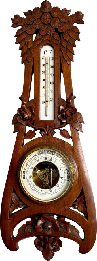 1stDibs Large Arts & Crafts Hand-carved Nutwood Barometer With Thermometer, Early 1900s