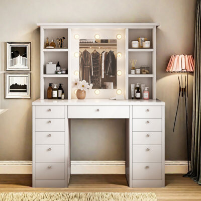 Vanity Desk With LED Lighted Mirror, Makeup Vanity With 11Drawers, 3 Color Lighting Modes Brightness Adjustable, Hidden Wiring, Dressing Table For Be