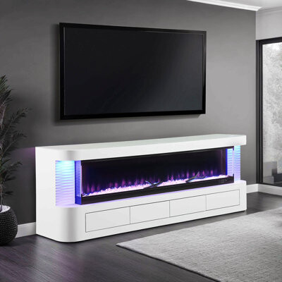 Hokku Designs Contemporary Style Tv Stand Electric Fire Place 3-Level Brightness Setting Flame Box Display White Finish Primary Living Room