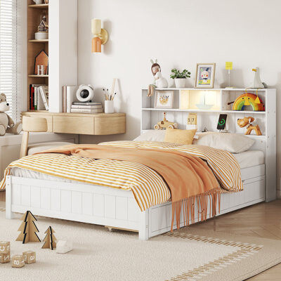 Full Bed with 2 Storage Drawers, Wood Full Storage Bed with Bookcase Headboard,LED Light and USB Charge Station,Full Bed Frames Captain Bed for Kids,