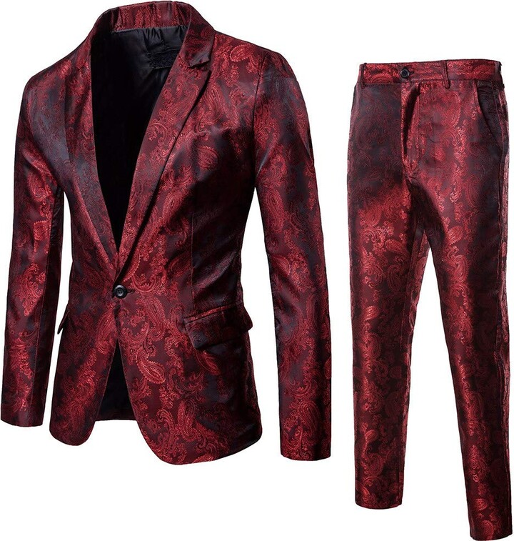DOLDOA Men Outerwear Men's Suit Set Sale Men Business Wedding Party Slim  2-Piece Suit Blazer Coat & Pants(Wine