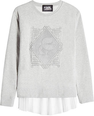 Karl Lagerfeld Paris Embroidered Cotton Sweatshirt with Pleated Hem