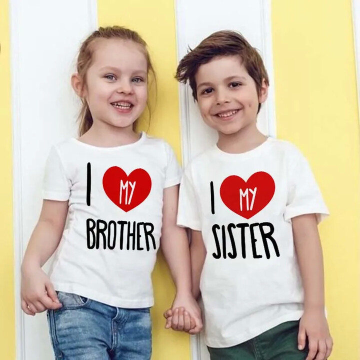 None I Love My Sister I Love My Brother Sibling Matching Clothes Summer Children Tshirt Boys Girls Short Sleeve T-shirt Kids T Shirts