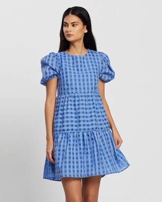 Glamorous Women's Blue Mini Dresses - Sheer Check Puff Sleeve Dress - Size 10 at The Iconic