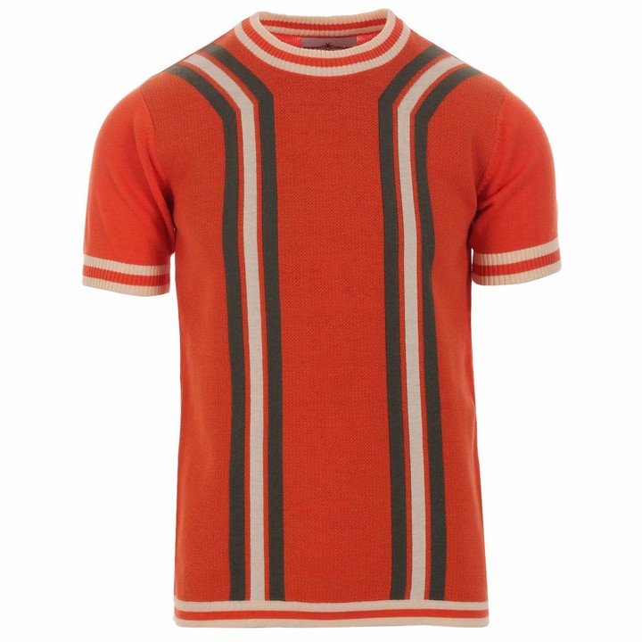 Madcap England Modernista Mens Retro 60s 70s Waffle Knit Short Sleeve Knitted Striped T-Shirt Jumper