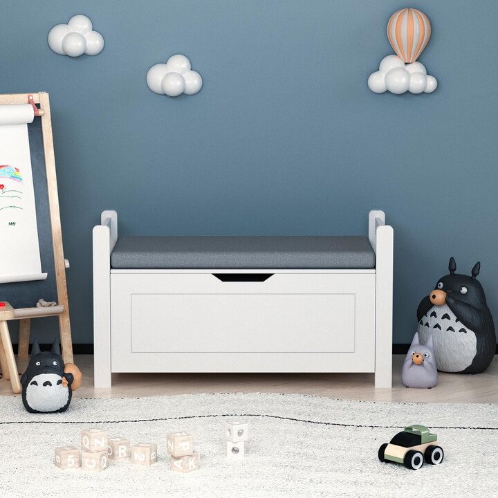 PORKISS Toy Chest for Boys Girls, Wood Kids Toy Box with Cushion Storage Bench and Flip Top Lid, Modern Toy Storage Organizer for Living Room, Nursery, Playroom, White