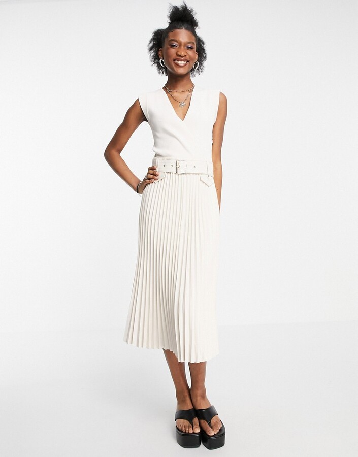 pleated white midi dress
