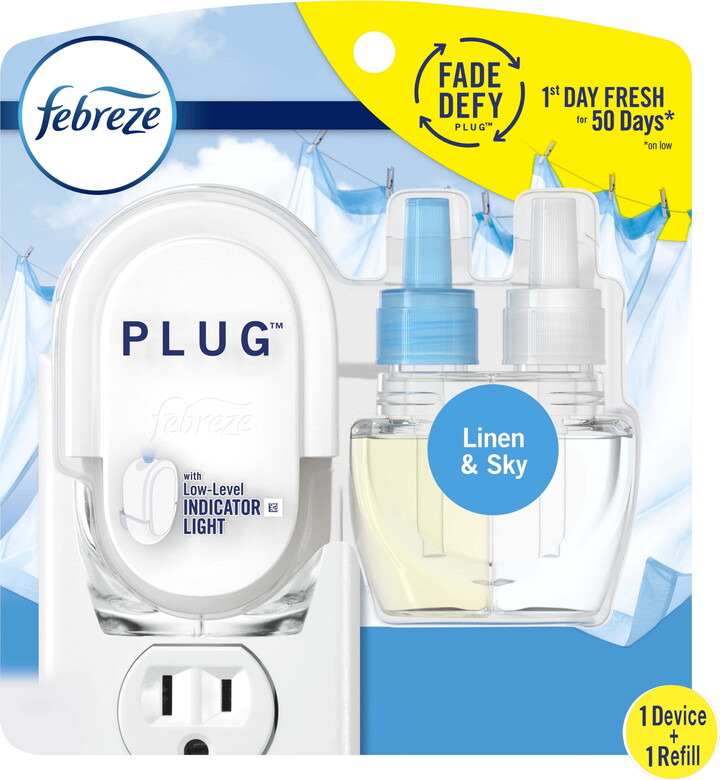 Febreze Plug In Air Freshener, Odor-Fighting Oil Kit, Linen & Sky, Warmer + 1 Refill