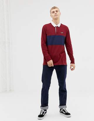 Hollister icon logo chest panel long sleeve rugby polo in burgundy/navy