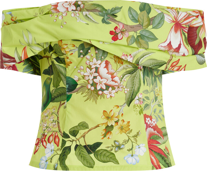 Oscar de la Renta Exclusive Painted Poppies Cotton Poplin Off-The-Shoulder Top
