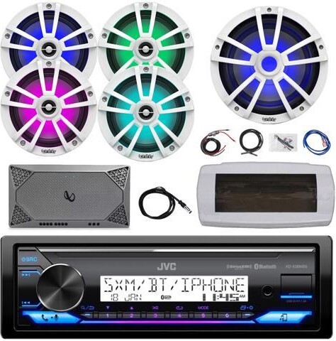 JVC KD-X38MBS Single-DIN Marine Bluetooth USB/AUX LED AM/FM SiriusXM Ready Stereo Receiver W/White Cover, 4x 6.5' 225W Max Speakers, 10'...