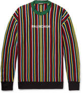 Thumbnail for your product : Balenciaga Oversized Distressed Logo-Intarsia Virgin Wool-Blend Sweater - Men - Multi